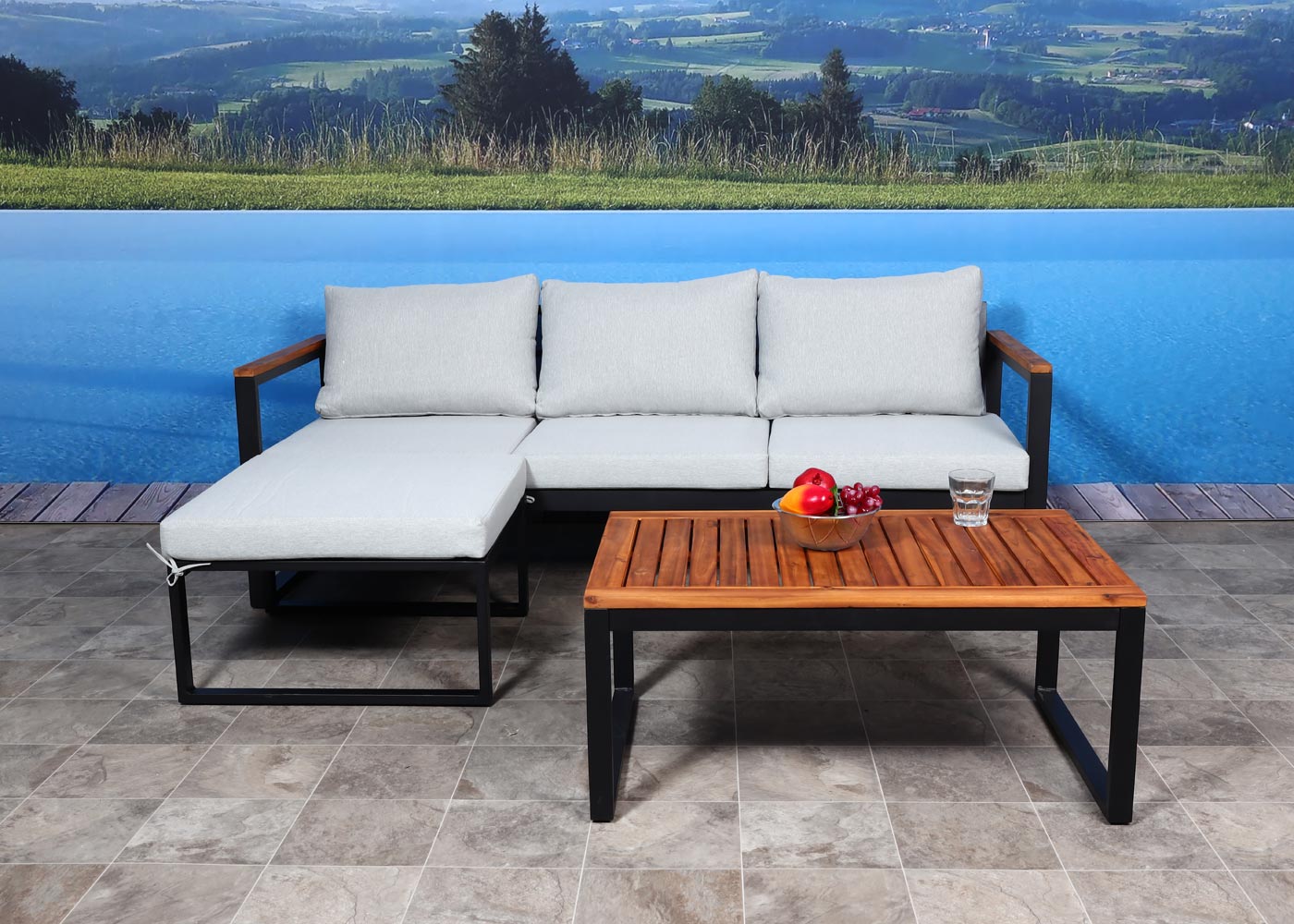 Tuinset MCW-L26b, tuinzitgroep loungeset bank, aluminium acaciahout MVG-gecertificeerd ~ lichtgrijs