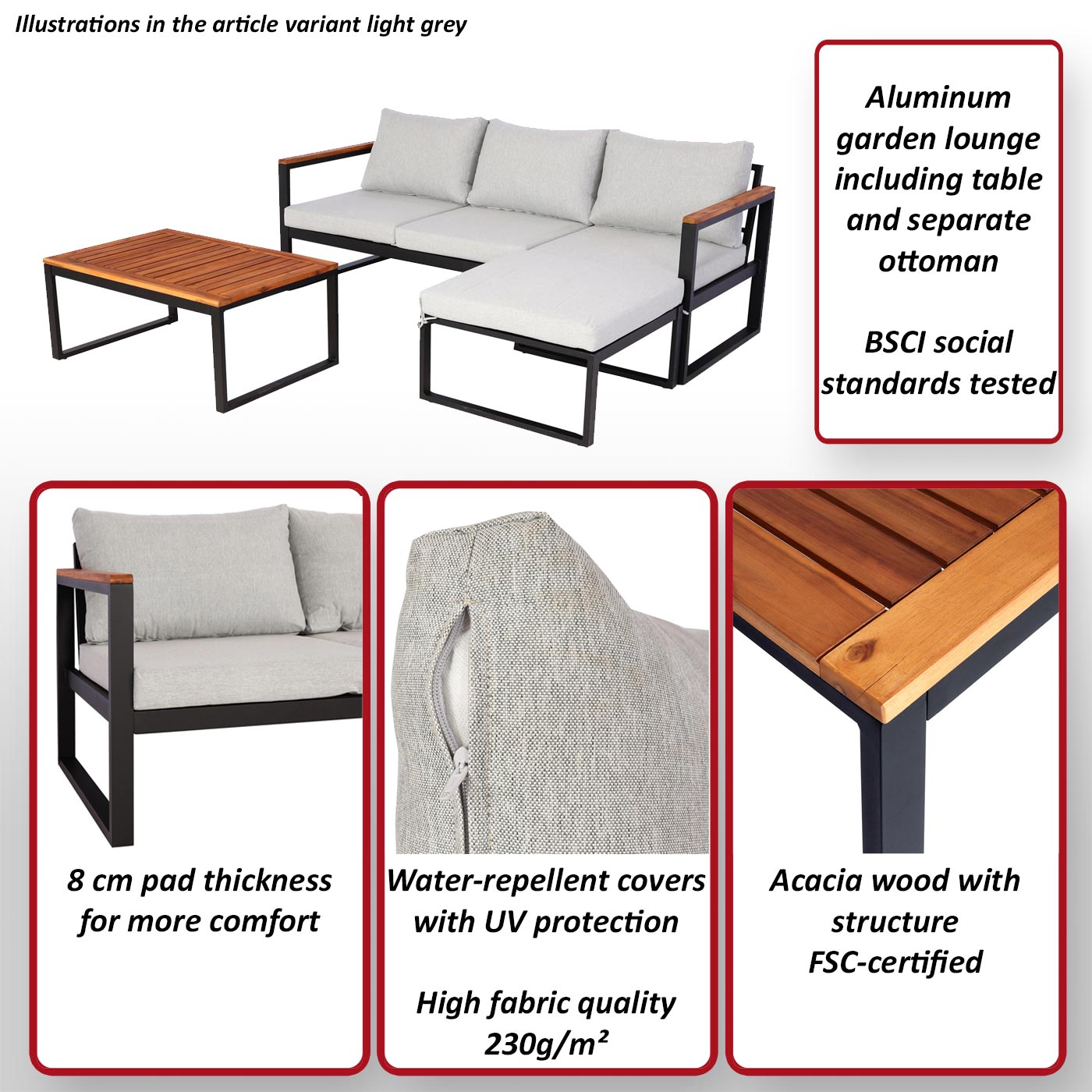 Tuinset MCW-L26b, tuinzitgroep loungeset bank, aluminium acaciahout MVG-gecertificeerd ~ donkergrijs