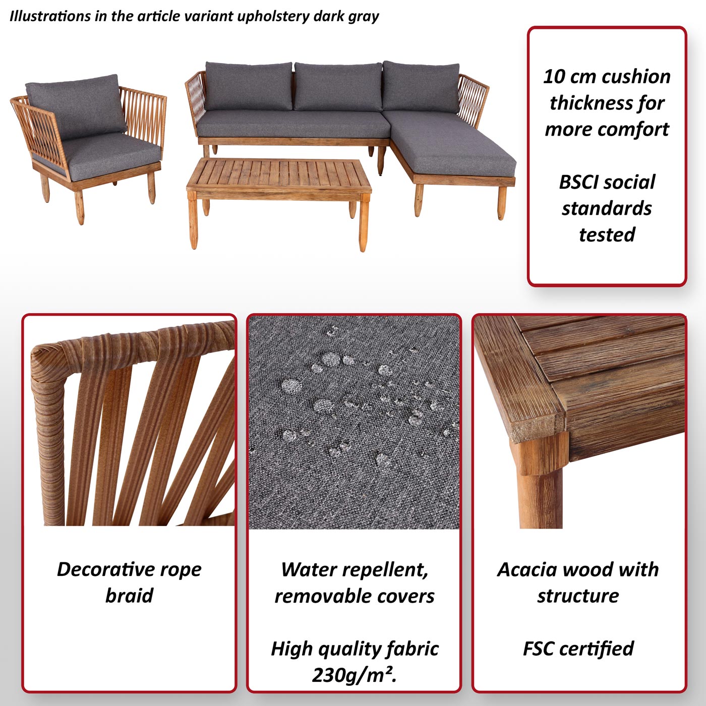 Tuinset MCW-L29, bankstel loungeset, acaciahout MVG-gecertificeerd ~ donkergrijs