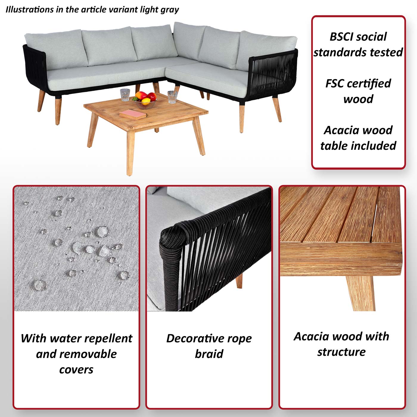 Tuinset MCW-L30, bankstel loungeset, acaciahout MVG-gecertificeerd ~ bekleding donkergrijs