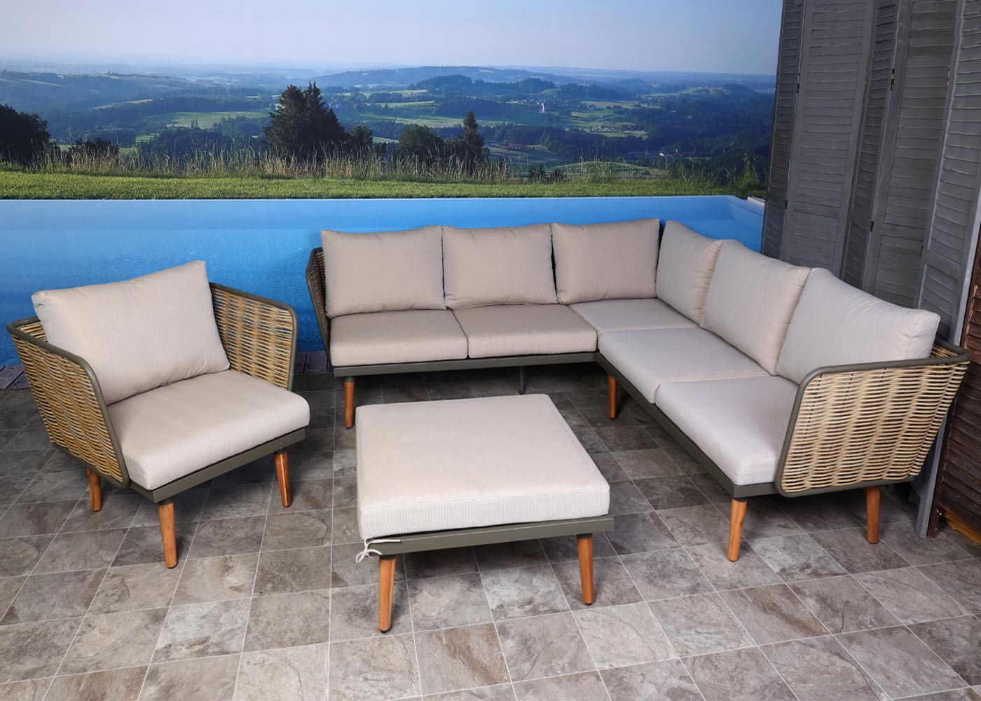 Tuinset MCW-L31, loungeset bank buiten, spun poly metaal poly rotan MVG-gecertificeerd ~ beige-bruin