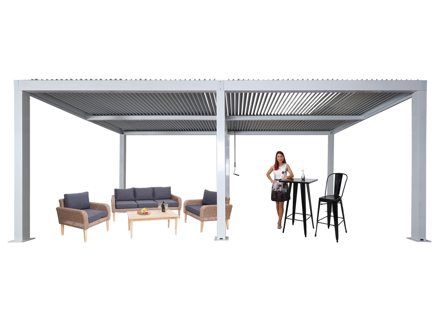 Pergola MCW-L46, tuinpaviljoen met latten, 11cm aluminium frame, stormvaste regengoot, 3x6m ~ wit
