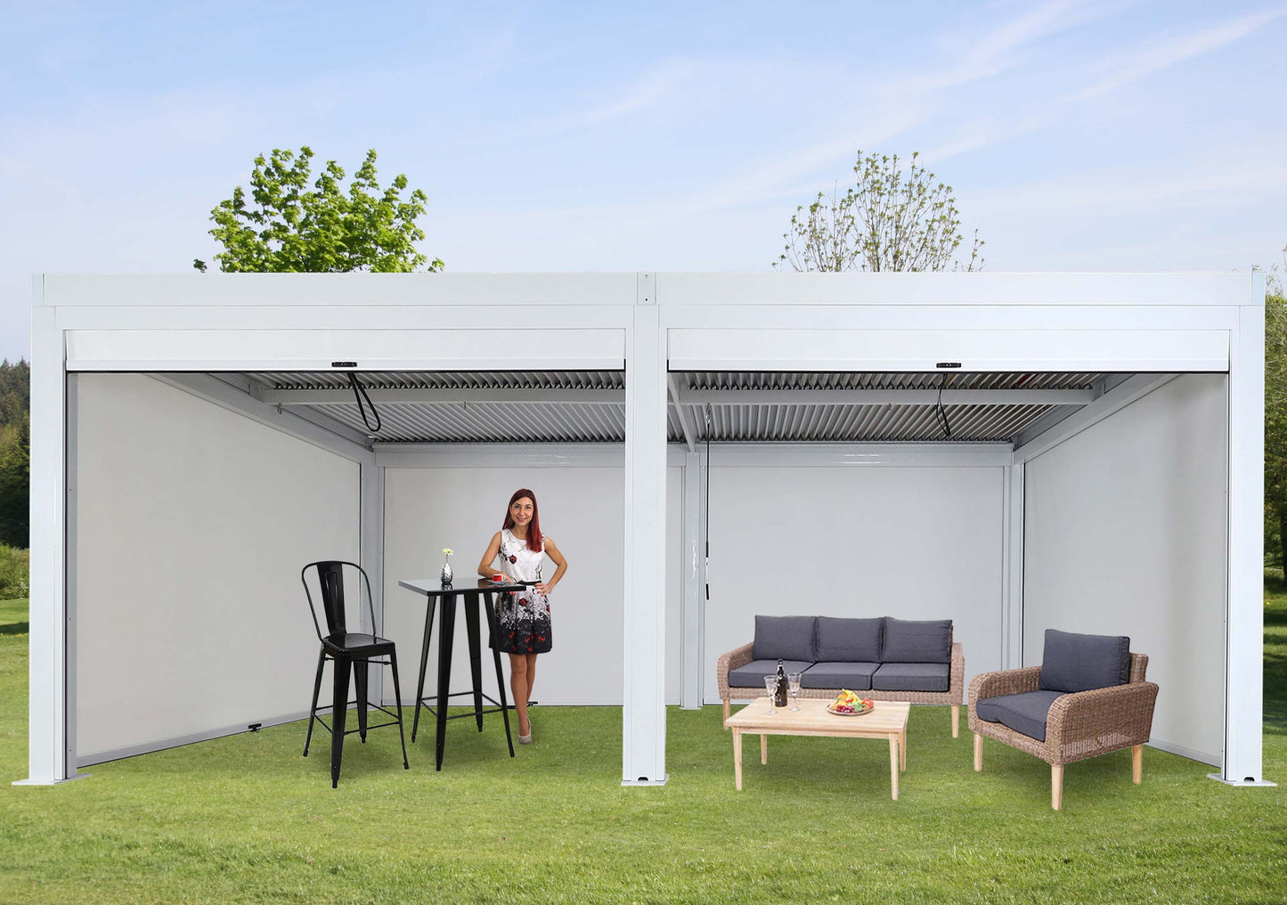 Pergola MCW-L46 met 6x zijwand, tuinpaviljoen lamellenrolgordijn, 11cm aluminium frame, stormvast 3x6m ~ wit
