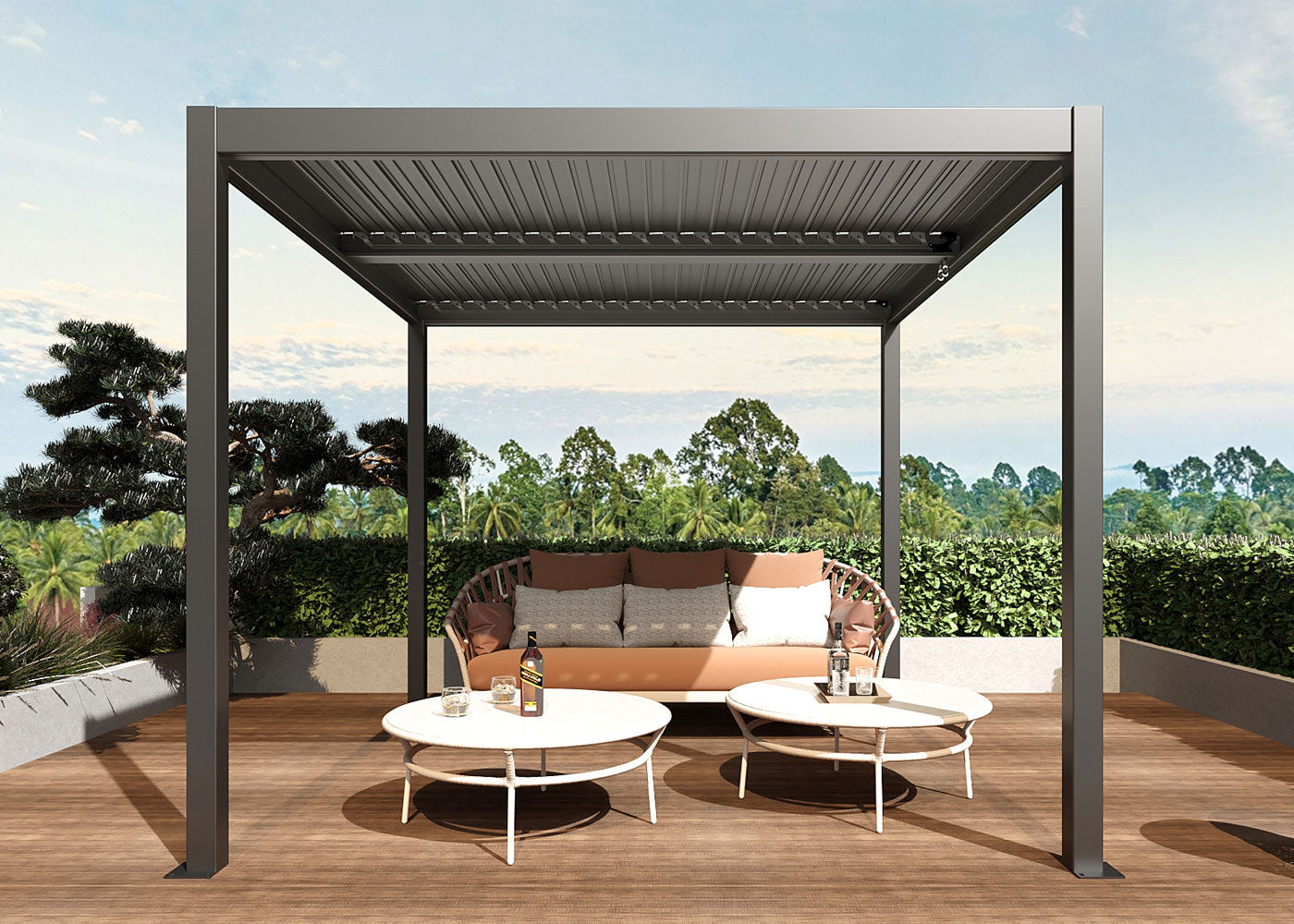 Pergola MCW-L46, tuinpaviljoen met latten, 11cm aluminium frame, stormvaste regengoot, 3x3m ~ antraciet