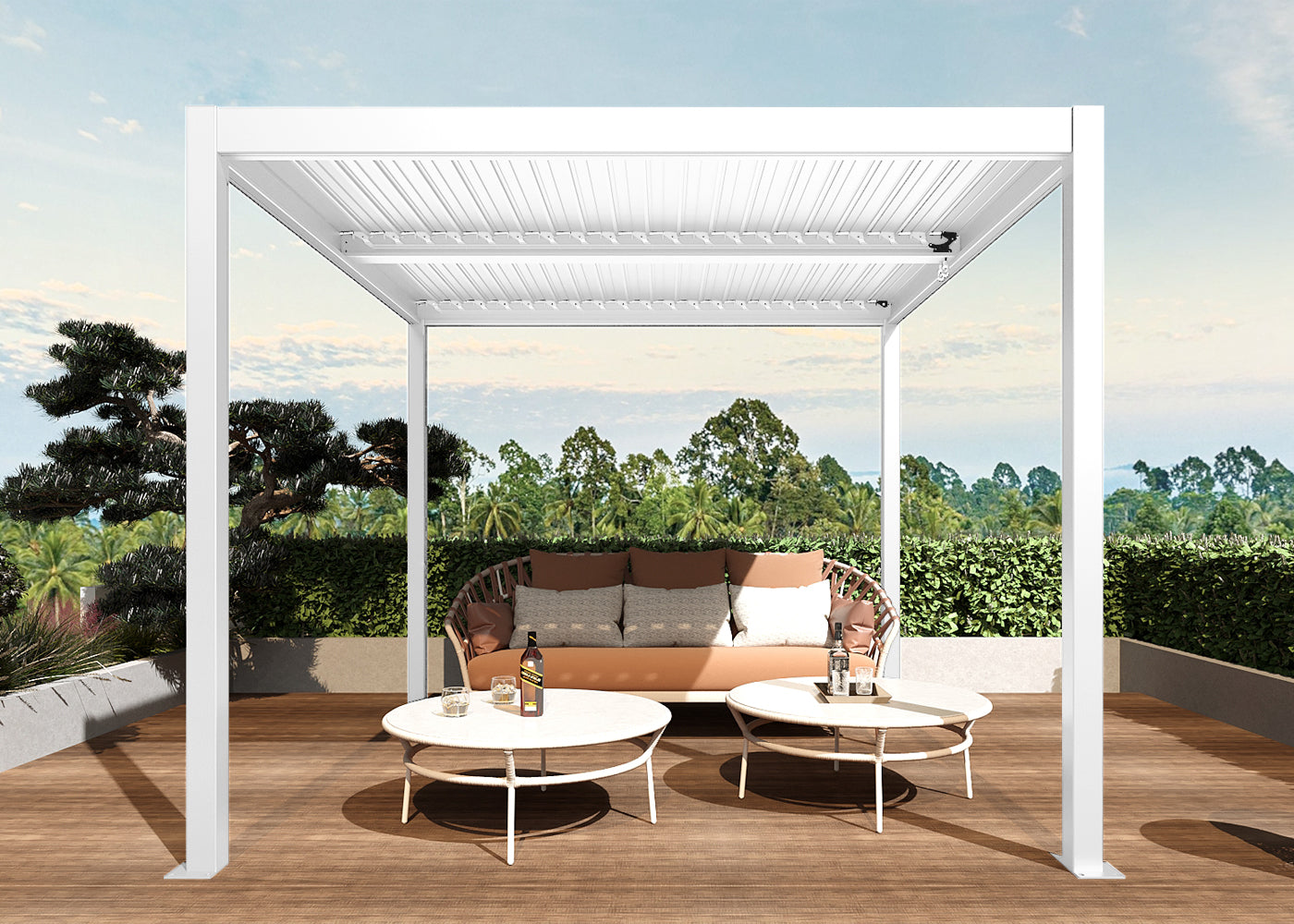 Pergola MCW-L46, tuinpaviljoen met latten, 11cm aluminium frame, stormvaste regengoot, 3x3m ~ wit