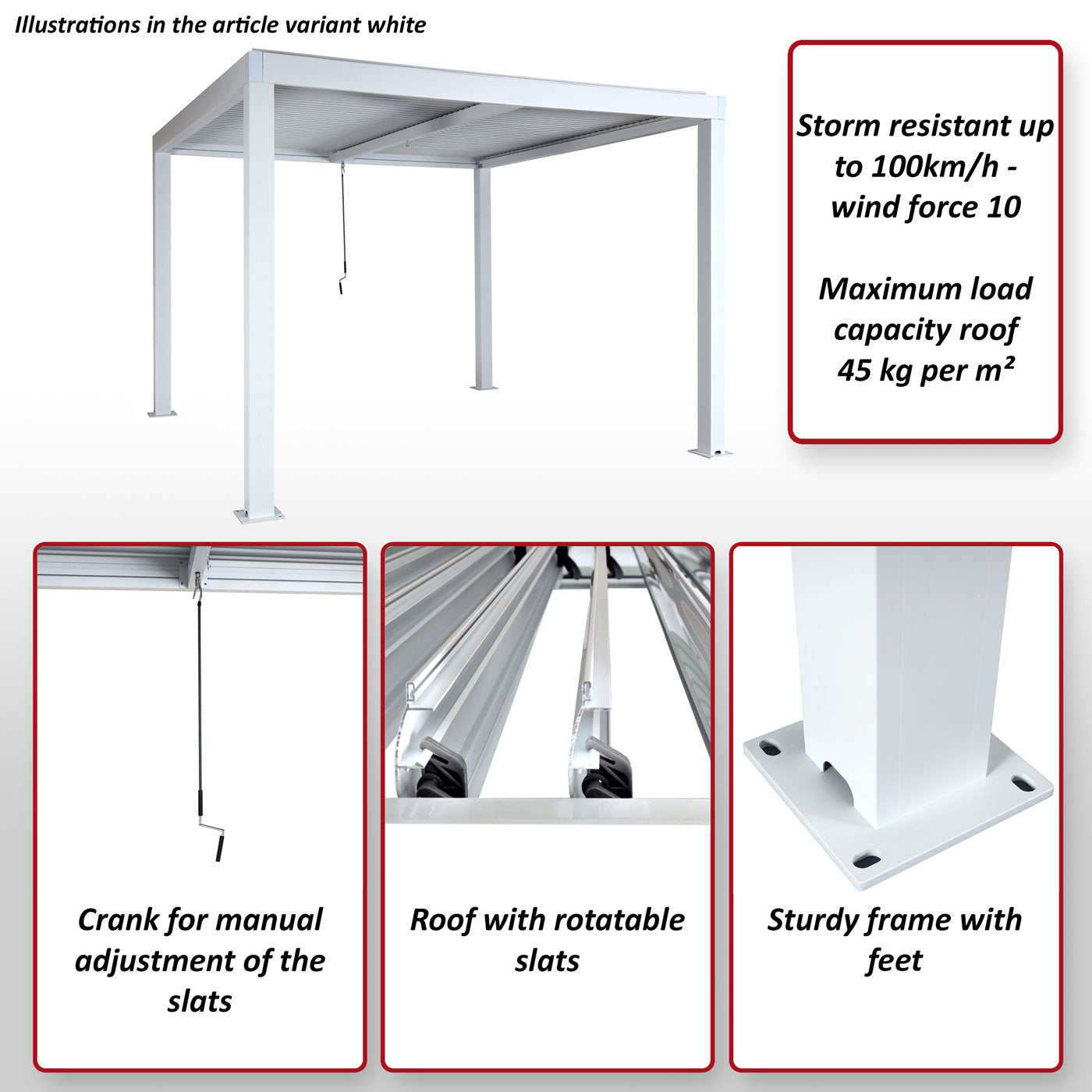 Pergola MCW-L46, tuinpaviljoen met latten, 11cm aluminium frame, stormvaste regengoot, 3x3m ~ wit