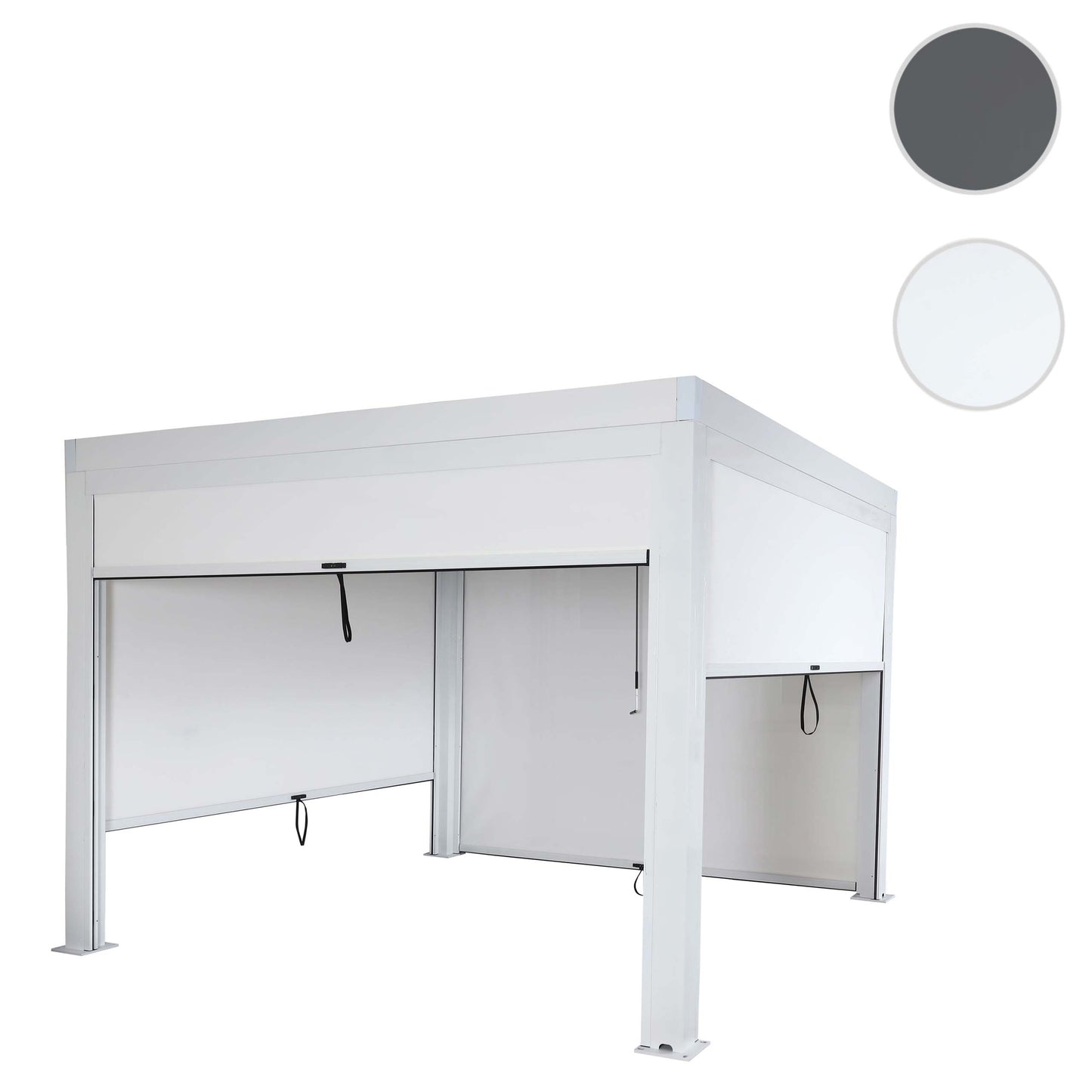 Pergola MCW-L46 met zijwand, tuinpaviljoen lamellenrolgordijn, 11cm aluminium frame, stormvast 3x3m ~ wit