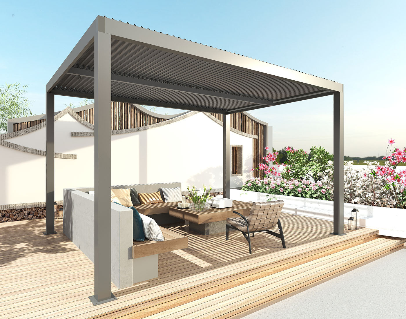 Pergola MCW-L46, tuinpaviljoen met latten, 10cm aluminium frame, stormvaste regengoot, 3x4m ~ antraciet