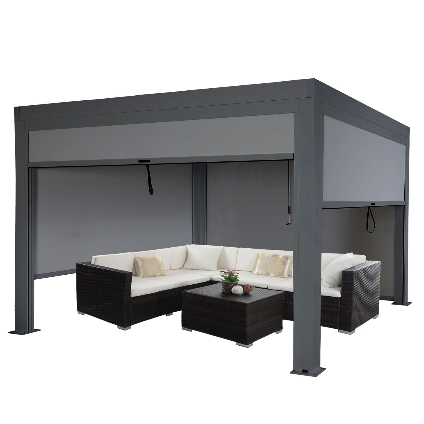 Pergola MCW-L46 met zijwand, tuinpaviljoen lamellenrolgordijn, 10cm aluminium frame, stormvast 3x4m ~ antraciet