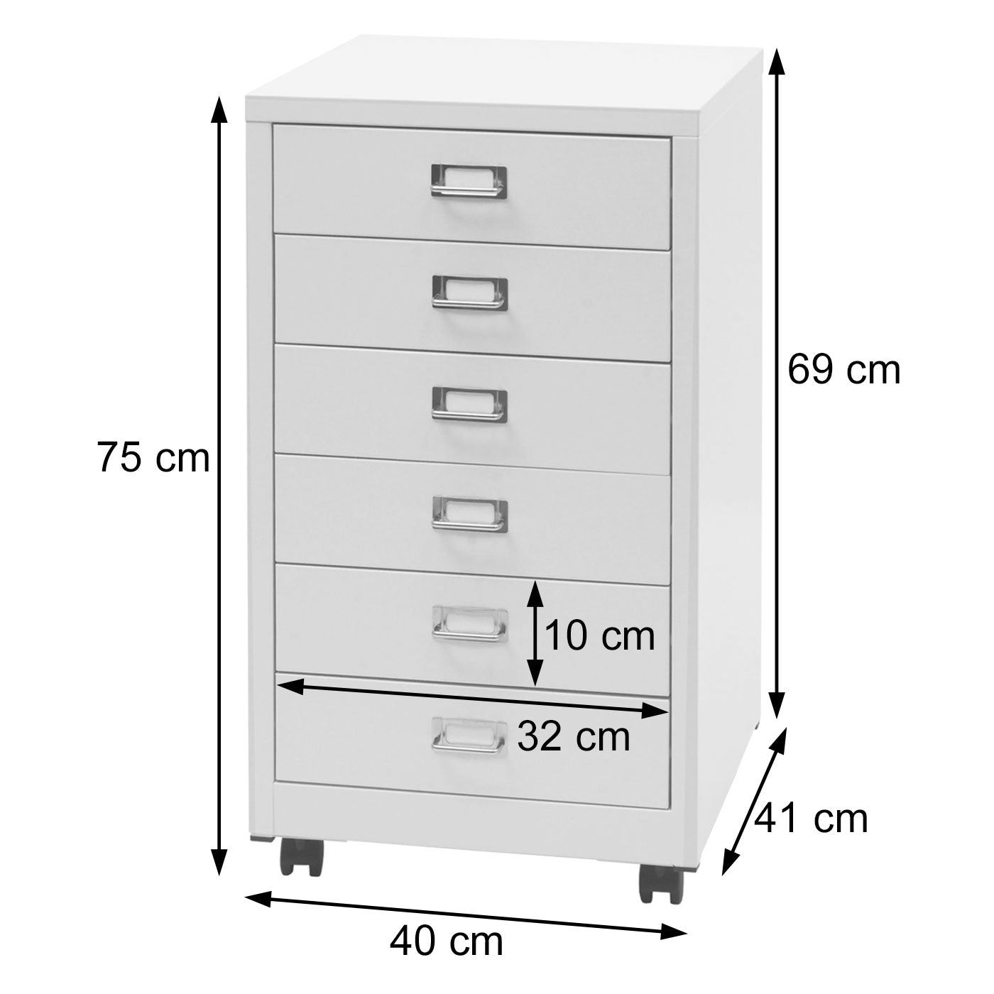 Verrijdbare ladekast MCW-L49, stalen ladekast archiefkast, metaal 75x40x41cm 6 laden ~ wit