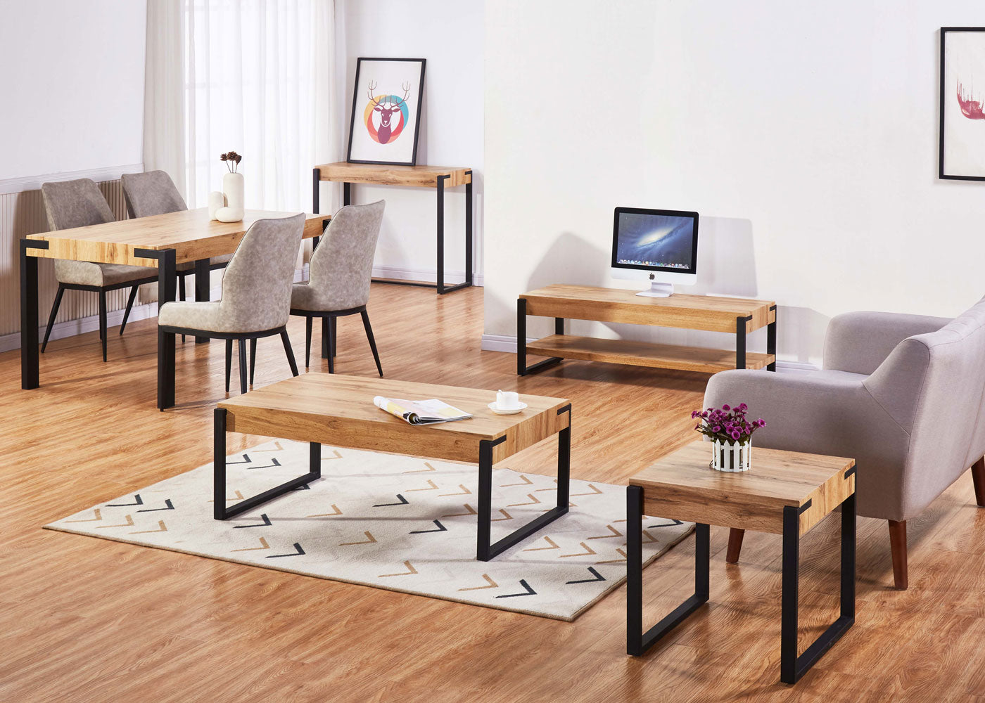 Bureau MCW-L53, bureau computer bureau werktafel, metaal 100x54cm ~ marmer look grijs