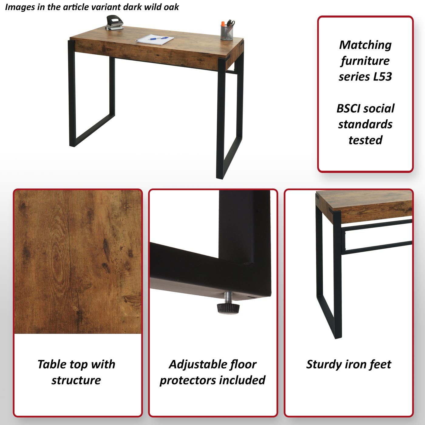 Bureau MCW-L53, bureau computer bureau werkblad, metaal 100x54cm ~ donker wild eiken