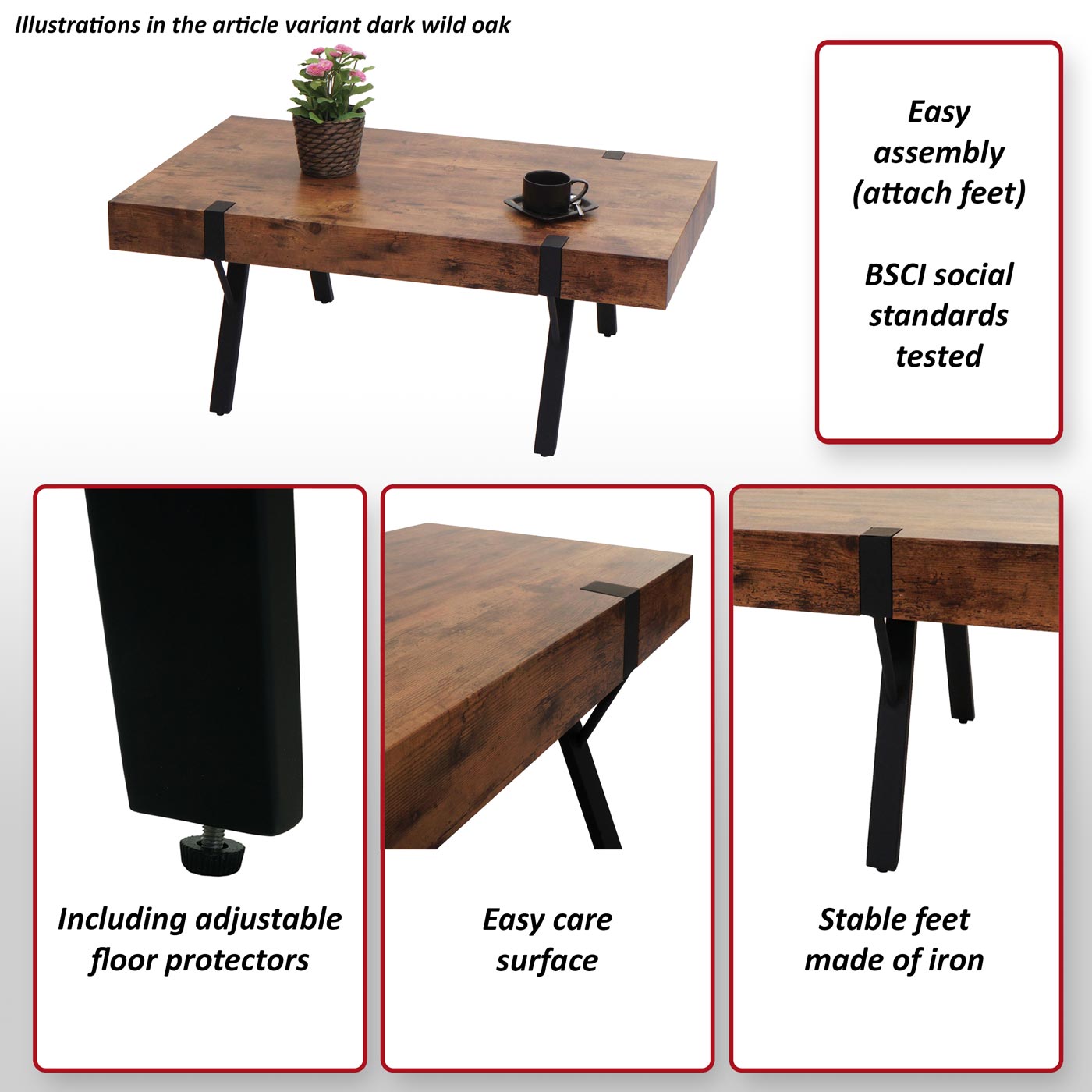 Salontafel MCW-L54, woonkamertafel bijzettafel sofatafel, metaal 43x110x60cm ~ donker wild eiken