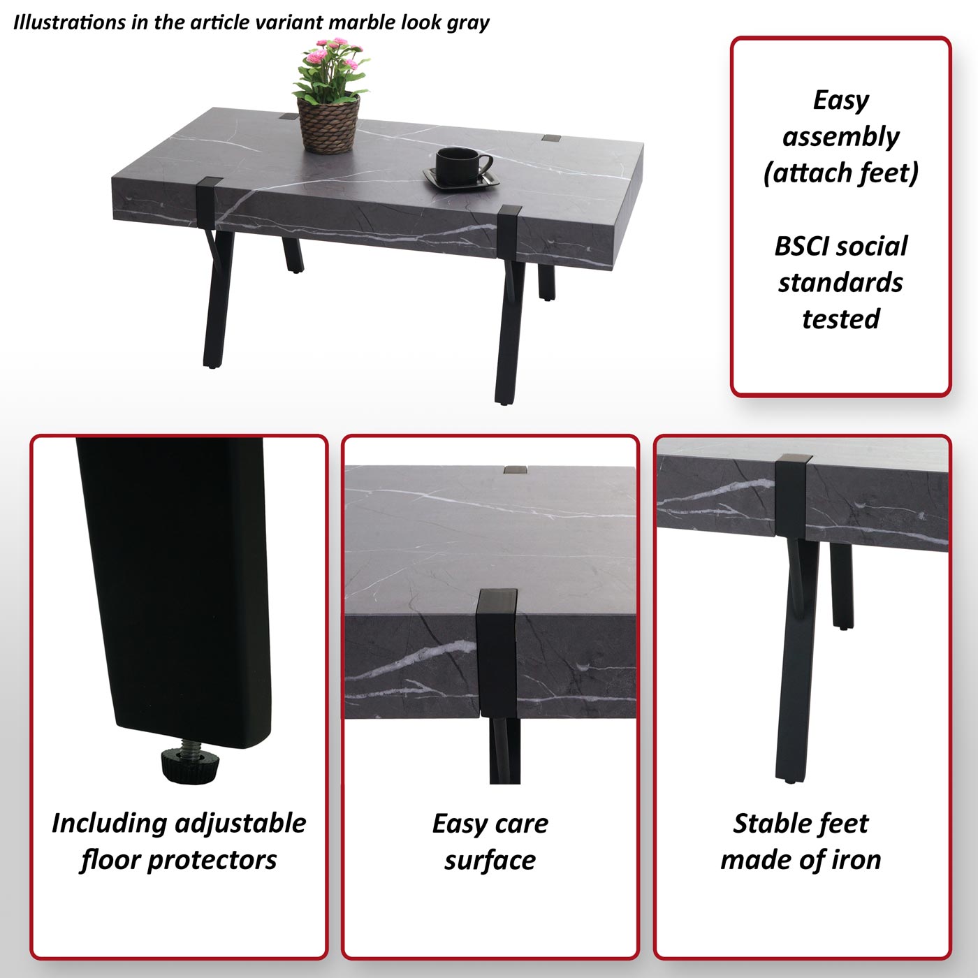 Salontafel MCW-L54, woonkamertafel bijzettafel sofatafel, metaal 43x110x60cm ~ marmer look grijs