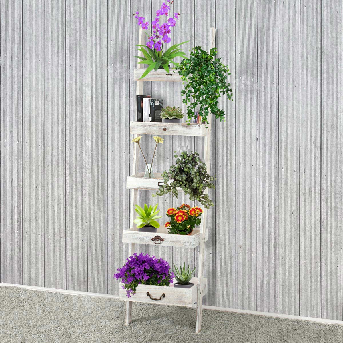 Staande plank Plantenplank Bloemenstandaard, 169x43x32cm, shabby look, vintage ~ wit