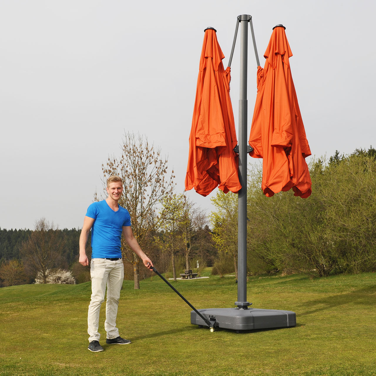 Zweefparasol T44, pergola luifel effect, 6,2x3m polyester 50kg ~ terracotta + staander