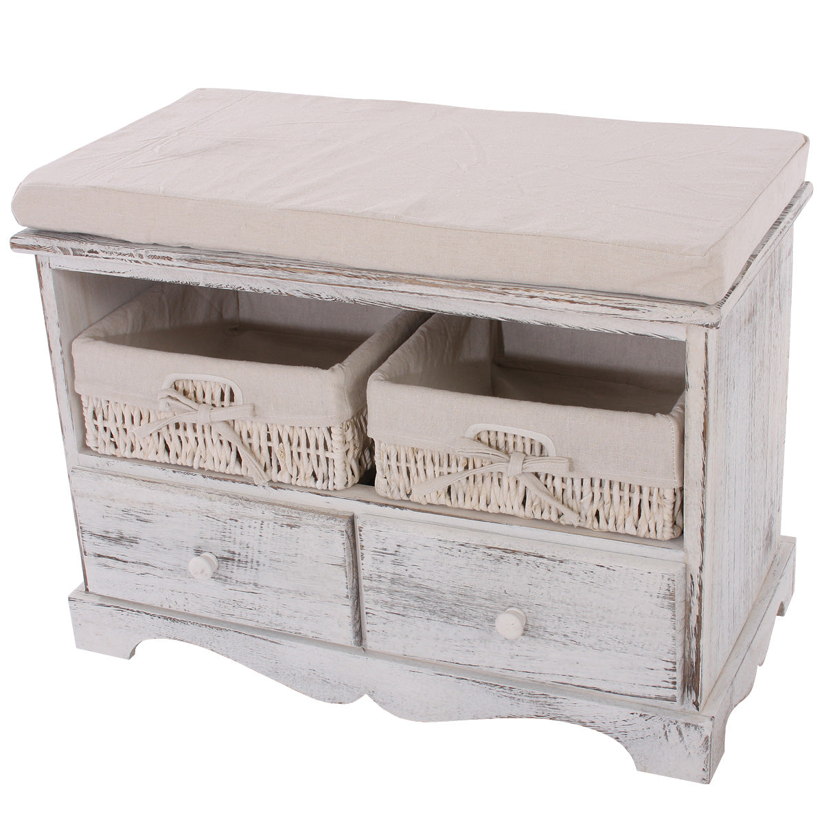 Bank ladekast met 2 manden 42x62x33cm, shabby look, vintage ~ wit