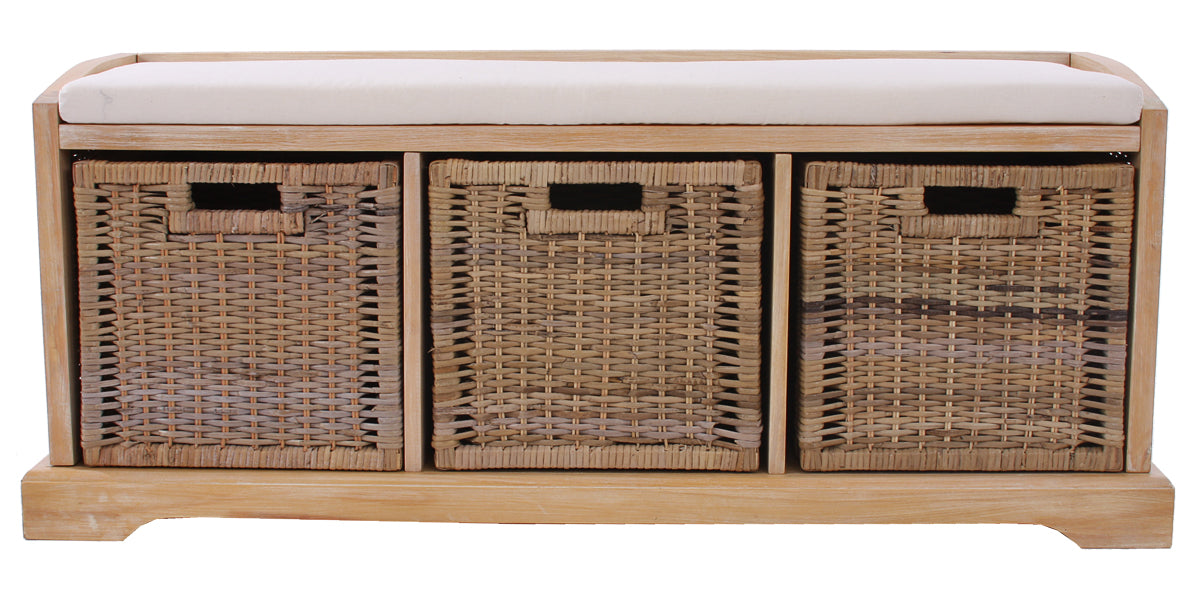 Bienne bank, opbergdoos, 3 manden, Kubu rotan vlechtwerk, 112x46x37cm ~ lichtkleurig