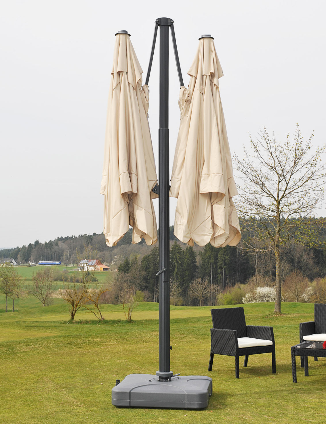 Zweefparasol T44, pergola luifel effect, 6,2x3m polyester 50kg ~ crème-beige