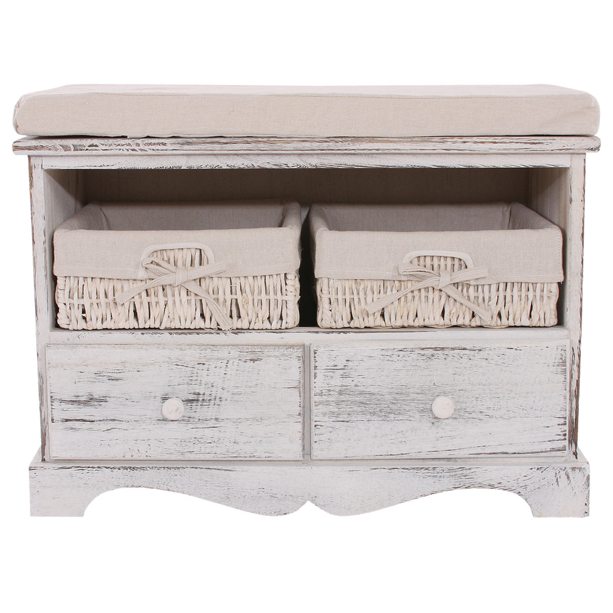 Bank ladekast met 2 manden 42x62x33cm, shabby look, vintage ~ wit