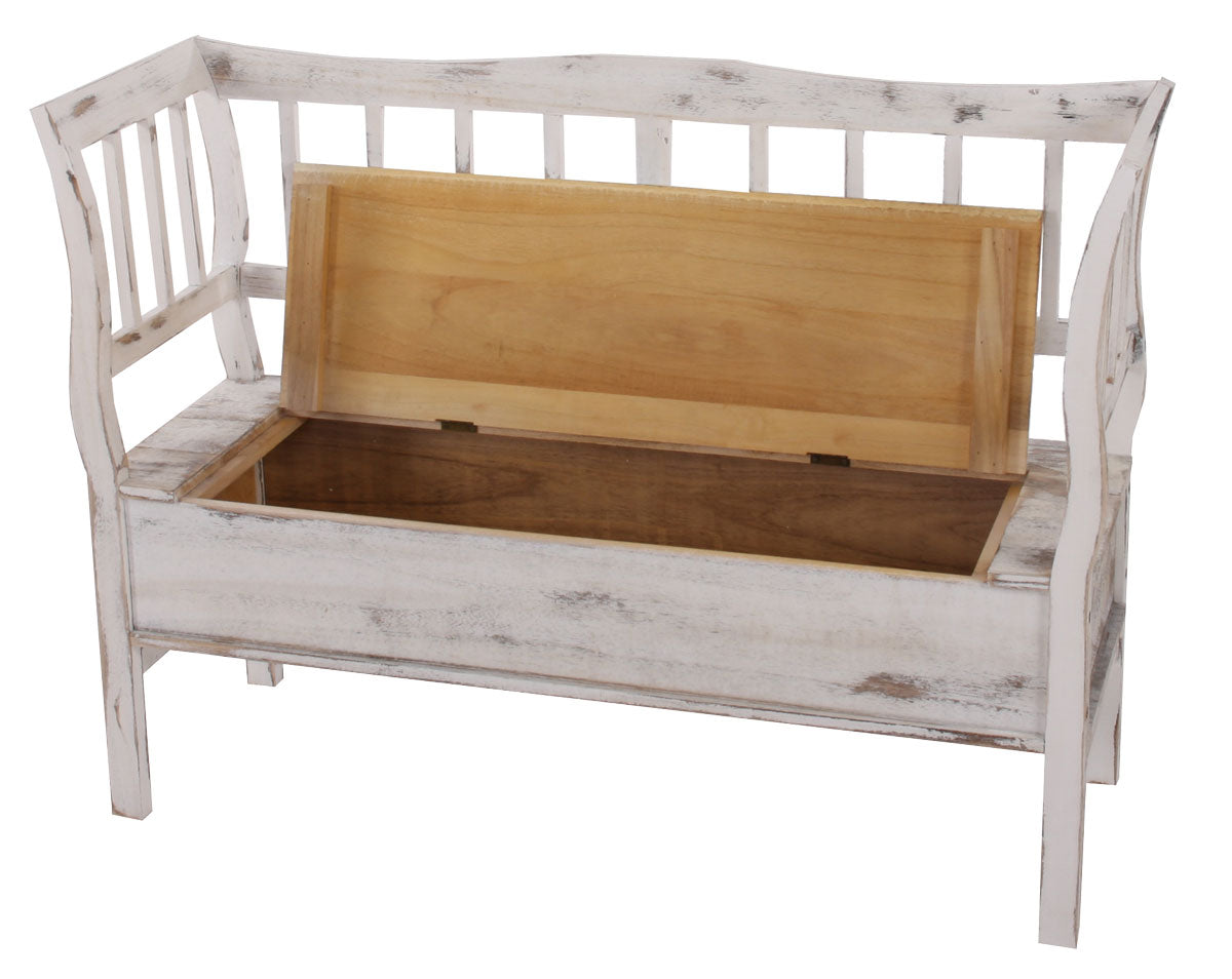 Bank T207, bankkist houten bank opbergkist, opbergvak kussen hout 119cm ~ wit, shabby