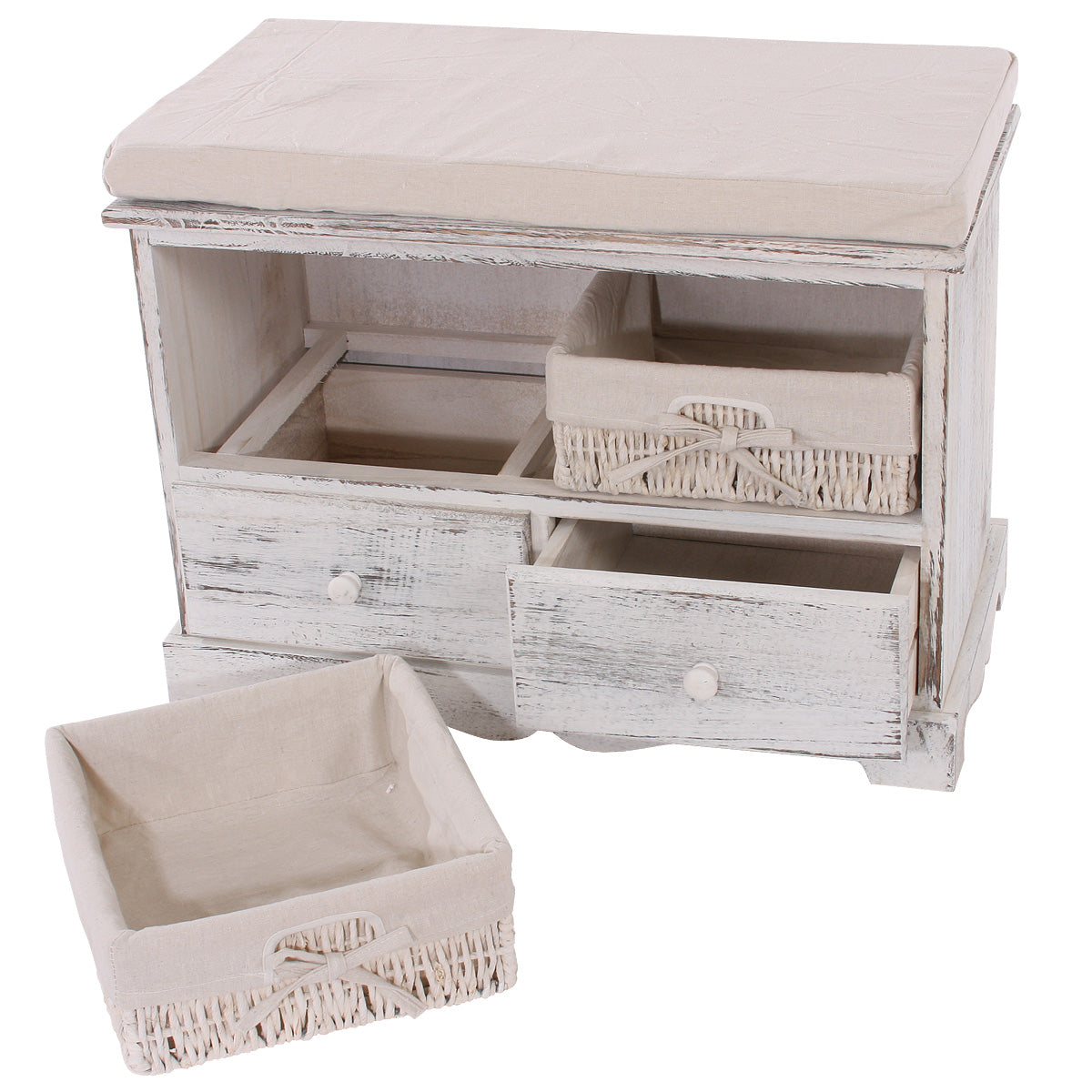 Kledingkast met bank commode met 2 manden 42x62x33cm, shabby look, vintage ~ wit