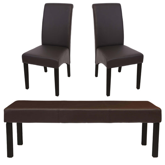 Eetkamerset Set M37, bank en 2 stoelen kunstleer ~ 120x43x49 cm bruin, donkere poten