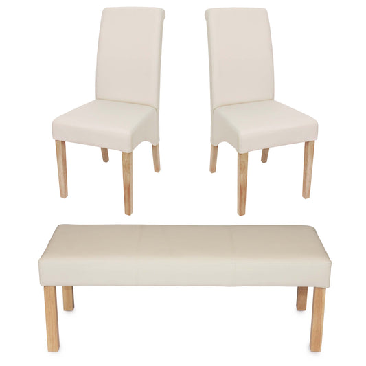 Eetkamerset Set M37, bank en 2 stoelen kunstleer ~ 120x43x49 cm crème, lichtgekleurde poten