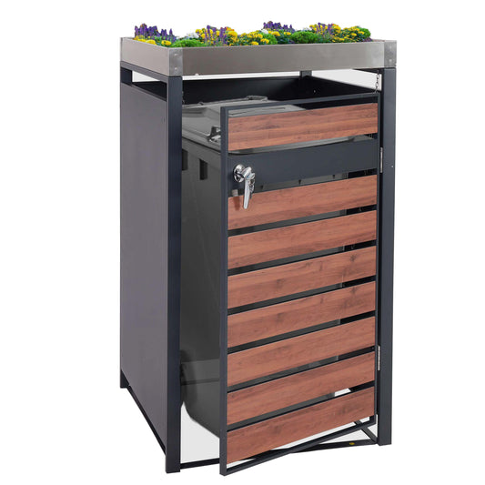 1 deksel afvalbak met plantenbak MCW-J81, uitbreidbaar, 125x68x80cm metaal 31kg, antraciet ~ kersenhout look