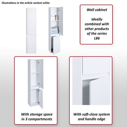 Wandkast MCW-L86, badkamermeubel highboard hoge kast, MVG melamine 2 deuren 3 vakken 160x33cm ~ wit