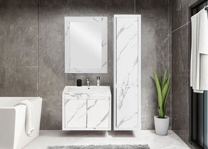 Wandkast MCW-L86, badkamermeubel highboard hoge kast, MVG melamine 2 deuren 3 vakken 160x33cm ~ marmer-look wit