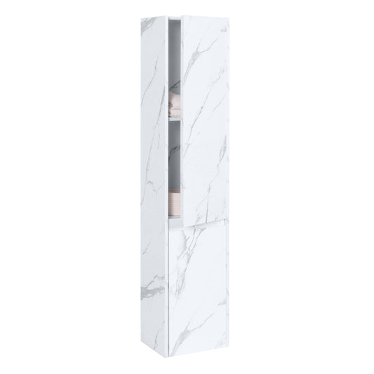 Wandkast MCW-L86, badkamermeubel highboard hoge kast, MVG melamine 2 deuren 3 vakken 160x33cm ~ marmer-look wit