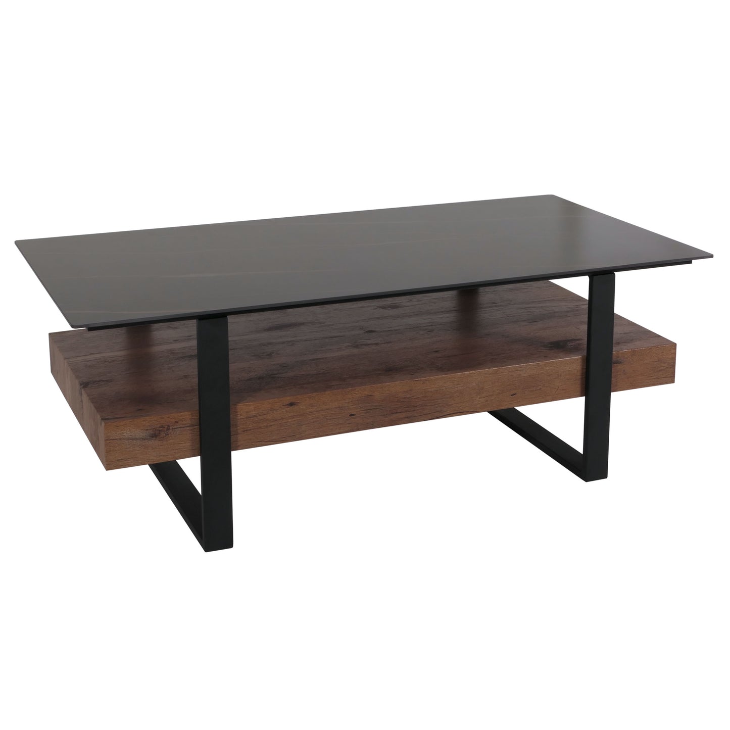 Salontafel MCW-L88, woonkamer tafel tafel, plank ijzer 43x120x60cm gesinterde steen marmer look zwart hout donkerbruin