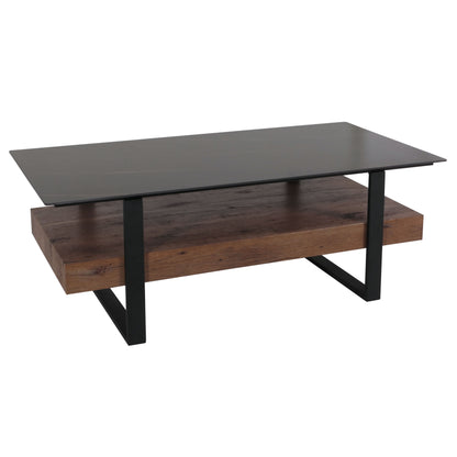 Salontafel MCW-L88, woonkamer tafel tafel, plank ijzer 43x120x60cm gesinterde steen marmer look zwart hout donkerbruin