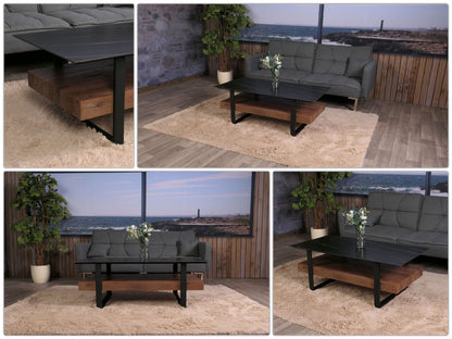 Salontafel MCW-L88, woonkamer tafel tafel, plank ijzer 43x120x60cm gesinterde steen marmer look zwart hout donkerbruin