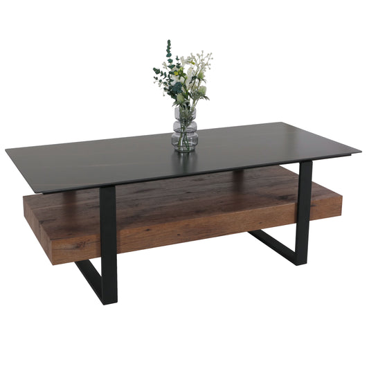 Salontafel MCW-L88, woonkamer tafel tafel, plank ijzer 43x120x60cm gesinterde steen marmer look zwart hout donkerbruin