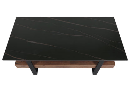 Salontafel MCW-L88, woonkamer tafel tafel, plank ijzer 43x120x60cm gesinterde steen marmer look zwart hout donkerbruin