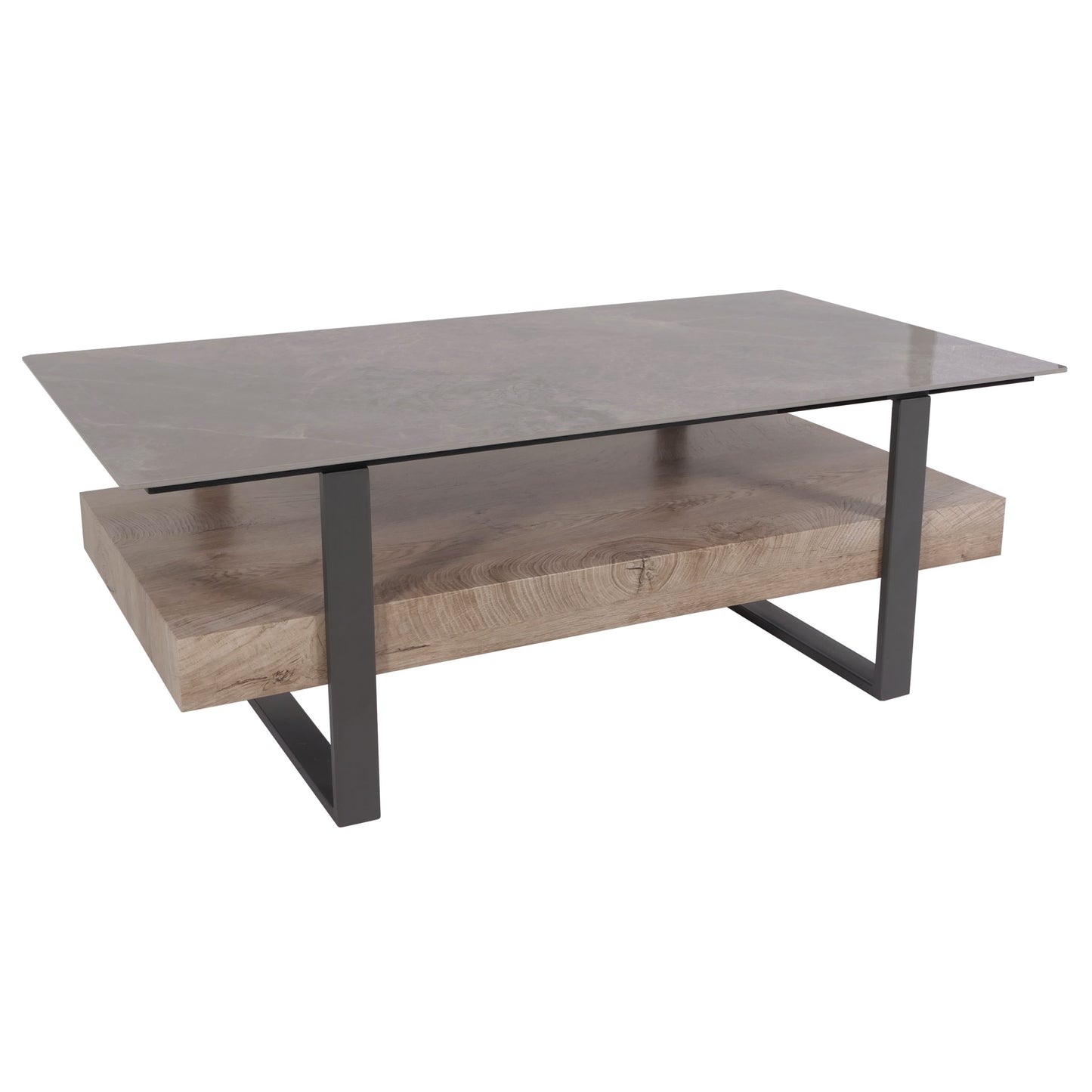 Salontafel MCW-L88, salontafel tafel, plank ijzer 43x120x60cm gesinterde steen marmer look grijs hout grijsbruin