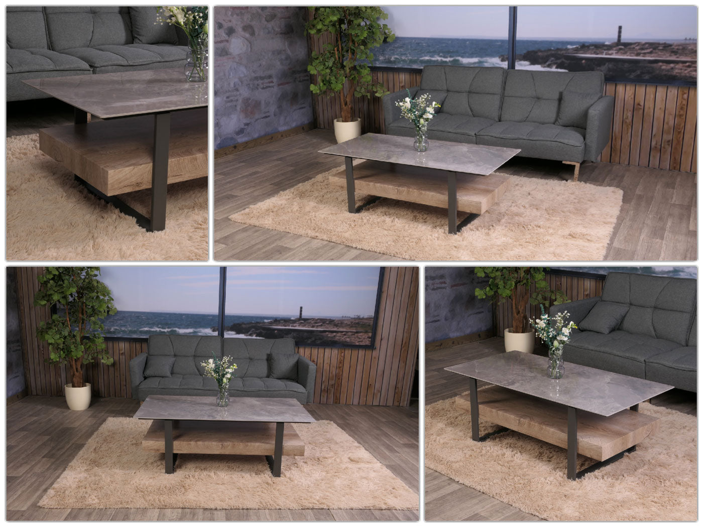 Salontafel MCW-L88, salontafel tafel, plank ijzer 43x120x60cm gesinterde steen marmer look grijs hout grijsbruin