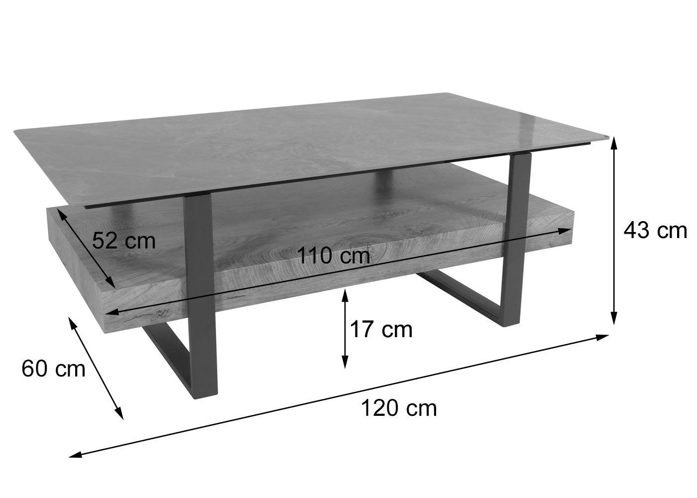 Salontafel MCW-L88, salontafel tafel, plank ijzer 43x120x60cm gesinterde steen marmer look grijs hout grijsbruin