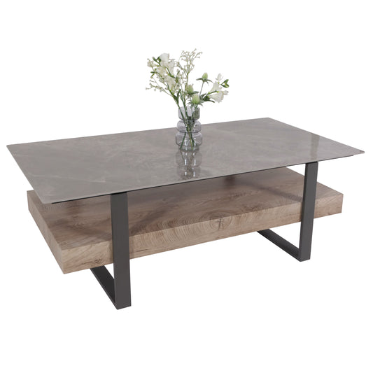 Salontafel MCW-L88, salontafel tafel, plank ijzer 43x120x60cm gesinterde steen marmer look grijs hout grijsbruin