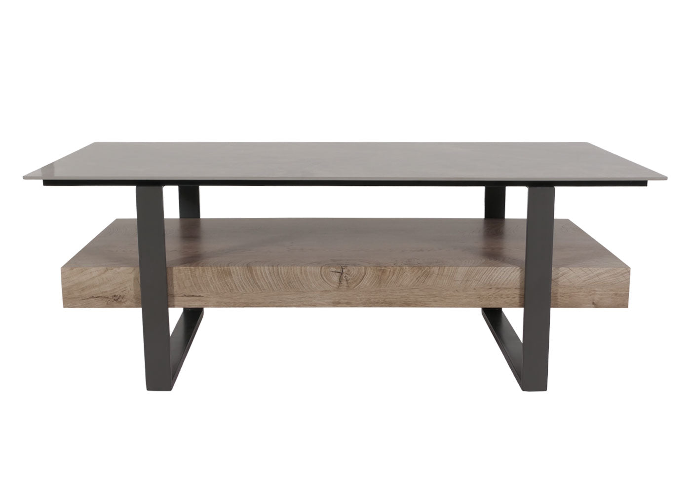 Salontafel MCW-L88, salontafel tafel, plank ijzer 43x120x60cm gesinterde steen marmer look grijs hout grijsbruin