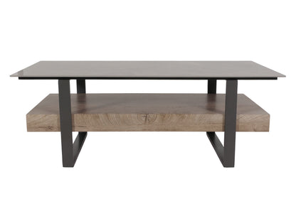 Salontafel MCW-L88, salontafel tafel, plank ijzer 43x120x60cm gesinterde steen marmer look grijs hout grijsbruin