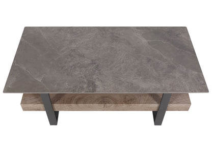 Salontafel MCW-L88, salontafel tafel, plank ijzer 43x120x60cm gesinterde steen marmer look grijs hout grijsbruin