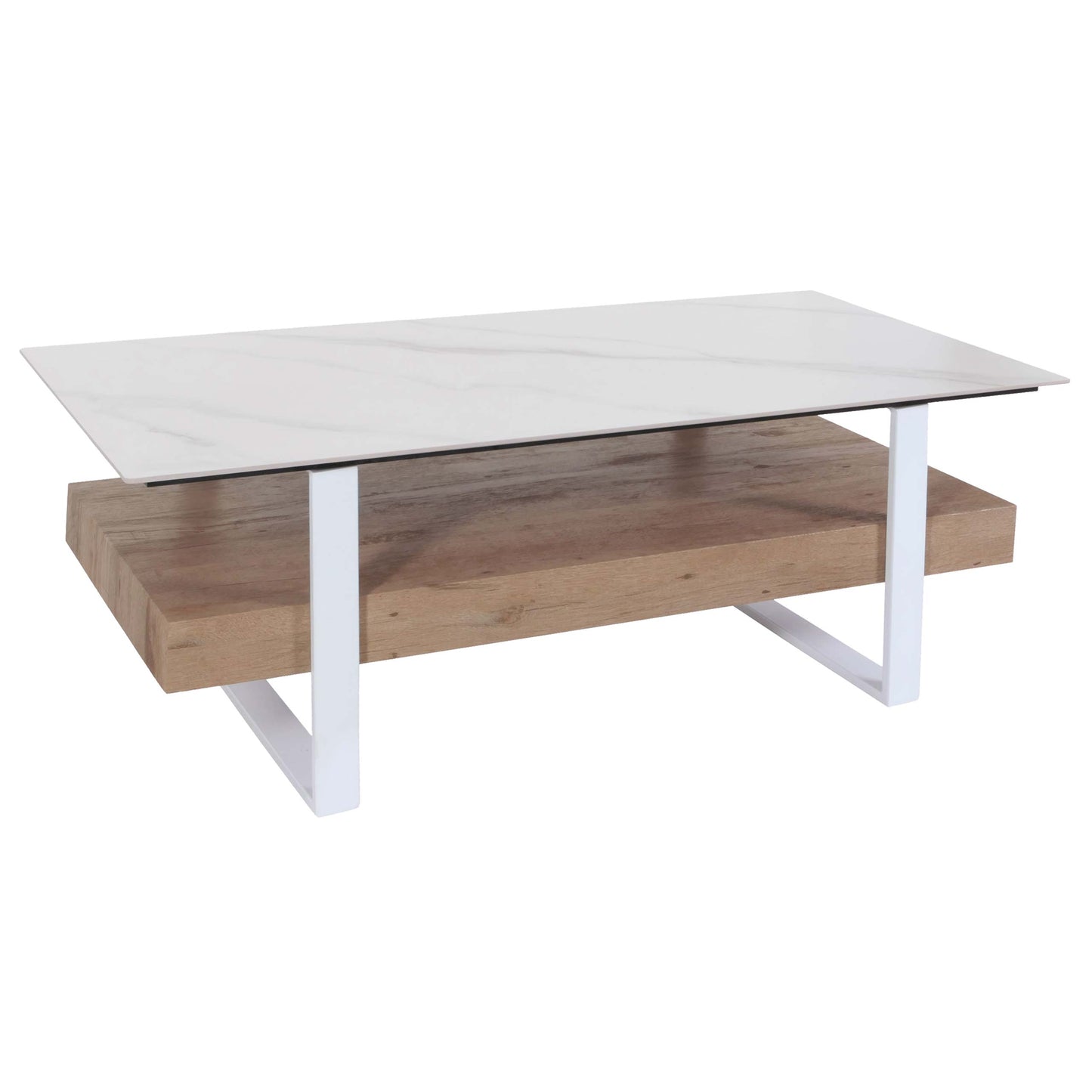 Salontafel MCW-L88, woonkamer tafel tafel, plank ijzer 43x120x60cm gesinterde steen marmer look wit natuurlijk hout