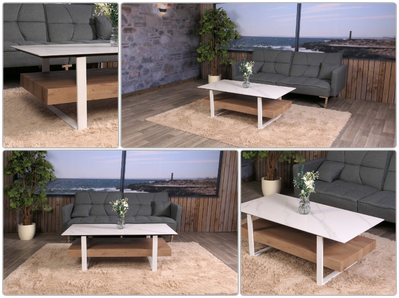 Salontafel MCW-L88, woonkamer tafel tafel, plank ijzer 43x120x60cm gesinterde steen marmer look wit natuurlijk hout