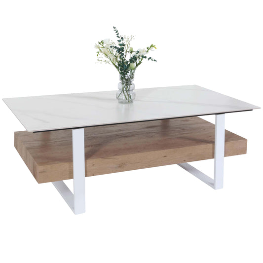 Salontafel MCW-L88, woonkamer tafel tafel, plank ijzer 43x120x60cm gesinterde steen marmer look wit natuurlijk hout