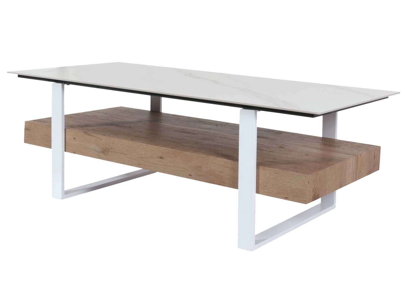 Salontafel MCW-L88, woonkamer tafel tafel, plank ijzer 43x120x60cm gesinterde steen marmer look wit natuurlijk hout