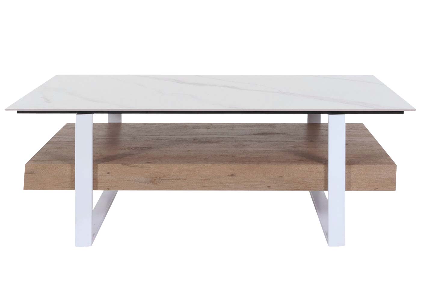 Salontafel MCW-L88, woonkamer tafel tafel, plank ijzer 43x120x60cm gesinterde steen marmer look wit natuurlijk hout