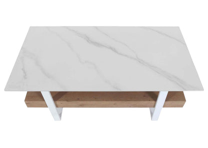 Salontafel MCW-L88, woonkamer tafel tafel, plank ijzer 43x120x60cm gesinterde steen marmer look wit natuurlijk hout